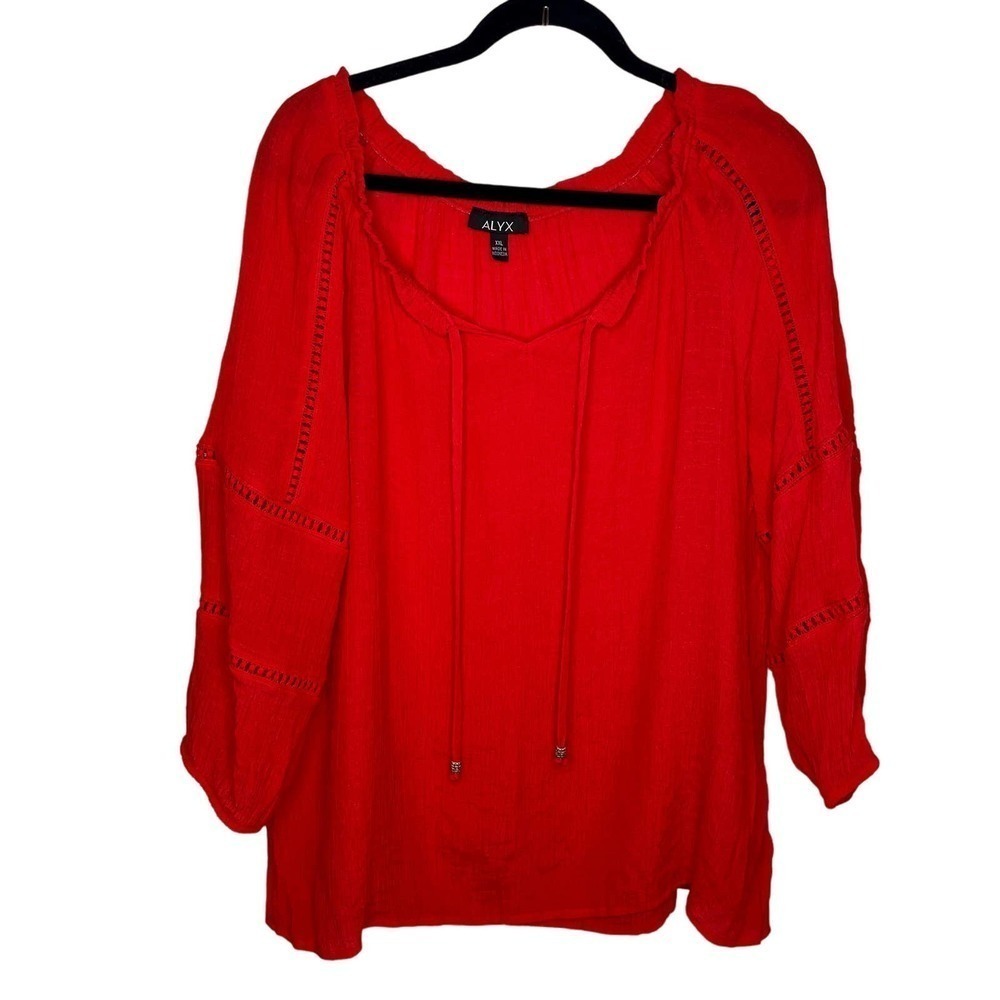 Alyx Red Long Sleeve Eyelet Cutout Lightweight Flowy Blouse Top Plus Size XXL
